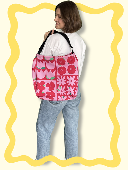 Flowery colour block everyday tote bag