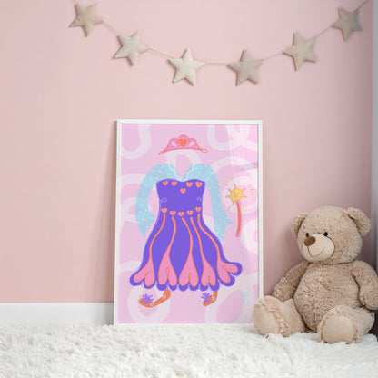 The Violet Print | Magical Princess Gown and Sparkling Wand Dreamy Wall Art for Kids Room